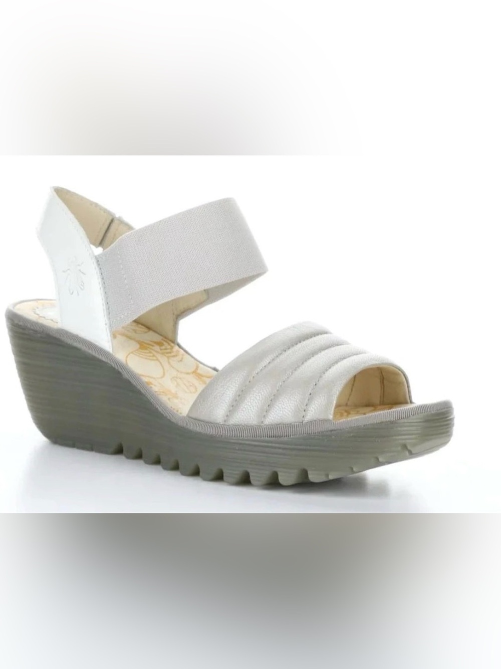 Fly London Silver/White Quilted Elastic Ankle Wedge Sandal Platform SZ 10.5 41